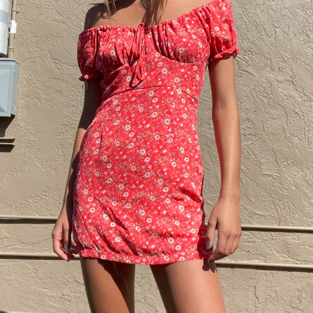 off the shoulder red floral dress